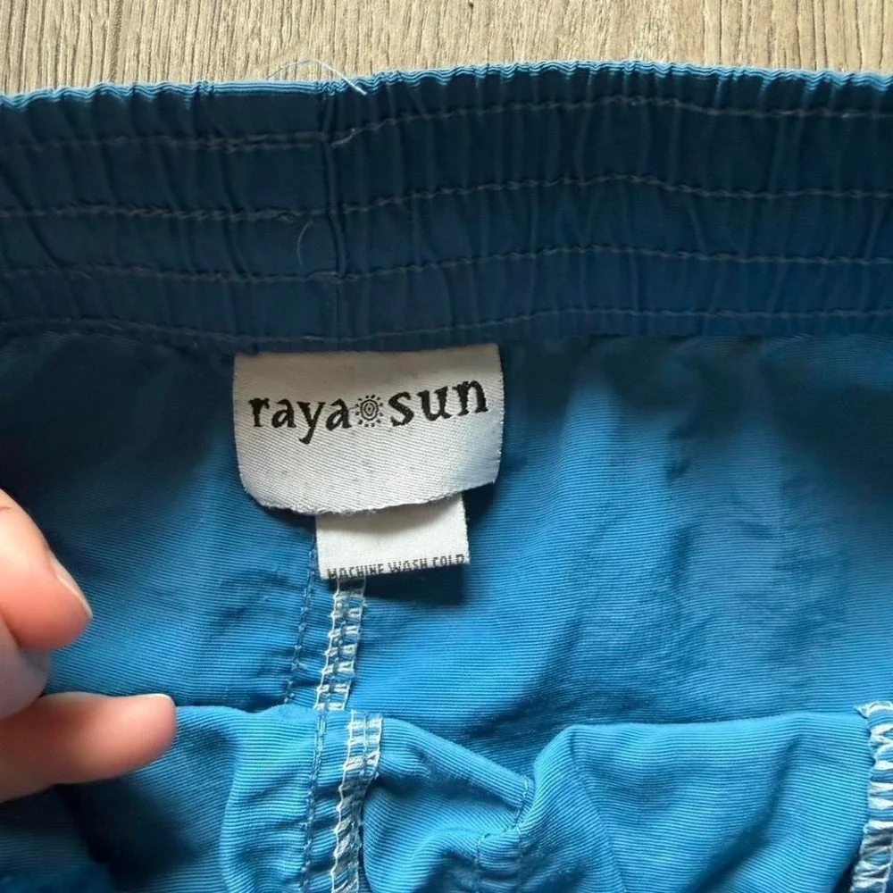 Vintage‎ Raya Sun Nylon Beach Shorts Blue Elastic Waist Swim Medium